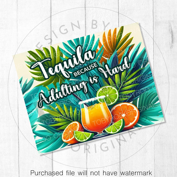 a card with a tropical drink on it