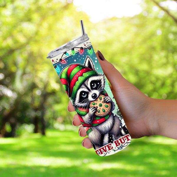 Funny Christmas Raccoon Eating Cookie Festive But Feral 20oz Sublimation Tumbler Wrap PNG
