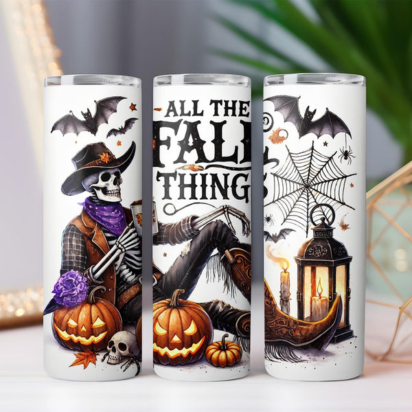 All the Fall Things Cowboy Skeleton Halloween 20oz Sublimation Tumbler Wrap PNG