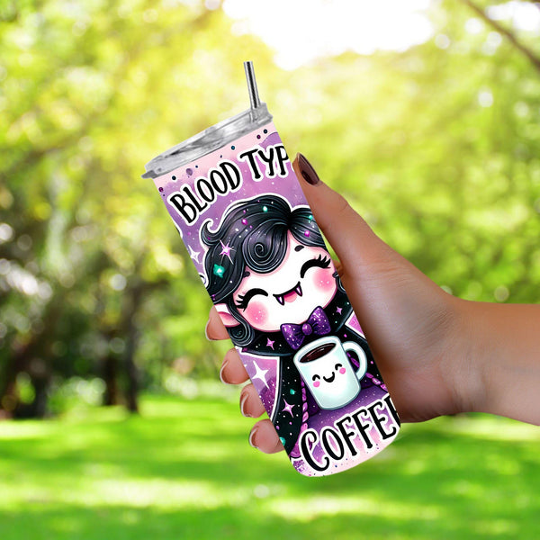 My Blood Type Is Coffee Cute Halloween Vampire Coffee Lover 20oz Sublimation Tumbler Wrap PNG