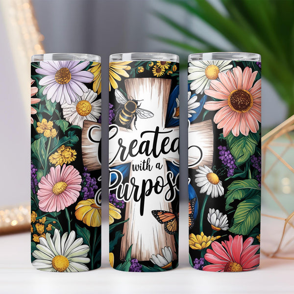 Created with a Purpose Floral Cross Christian 20oz Sublimation Tumbler Wrap PNG