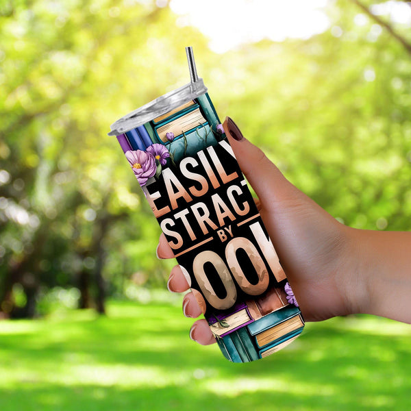 Easily Distracted by Books, Book Lover Floral 20oz Sublimation Tumbler Wrap PNG