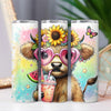 Highland Cow with Sunflower Crown & Iced Drink 20oz Tumbler Wrap PNG PNG